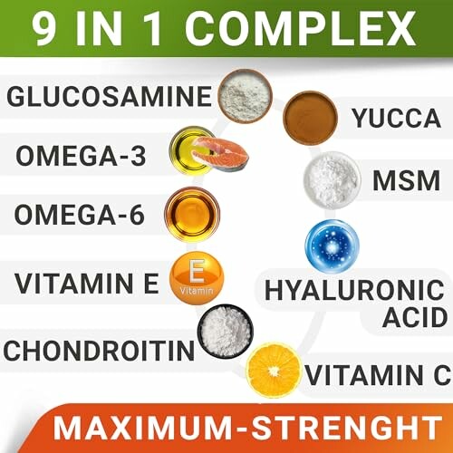 9 in 1 supplement complex with glucosamine, omega-3, omega-6, vitamin E, chondroitin, yucca, MSM, hyaluronic acid, and vitamin C