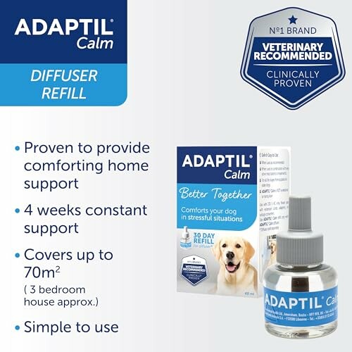 Adaptil Calm diffuser refill for dog comfort with features listed.