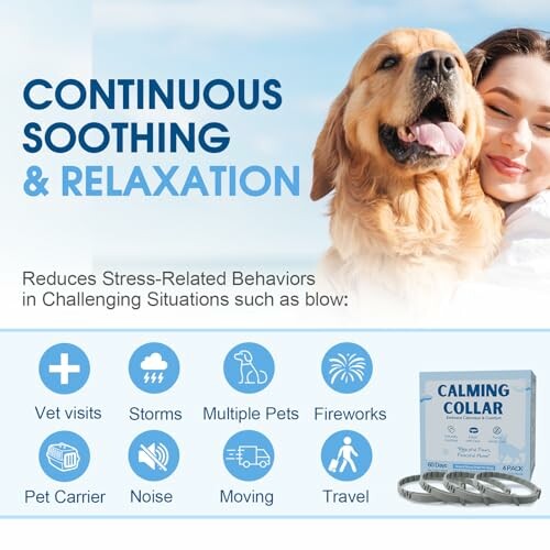 Calming collar advertisement with dog and woman, highlighting stress relief benefits.