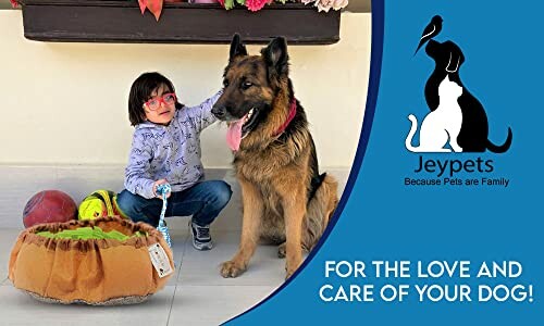 Child with a German Shepherd dog and pet toys.