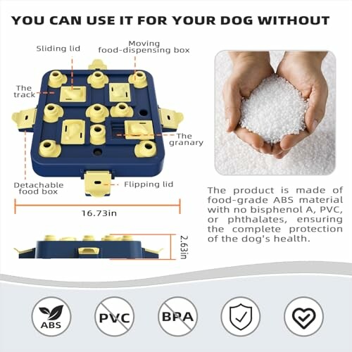 Dog puzzle toy with sliding and flipping lids, made of safe ABS material.