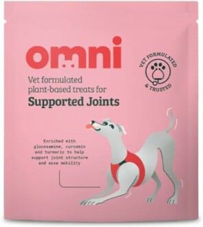 Pink package of plant-based dog treats for joint support