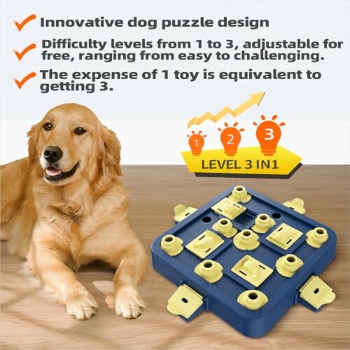 Dog with interactive puzzle toy featuring adjustable difficulty levels.