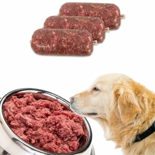 Dog looking at a bowl of raw meat with packaged meat rolls in the background.