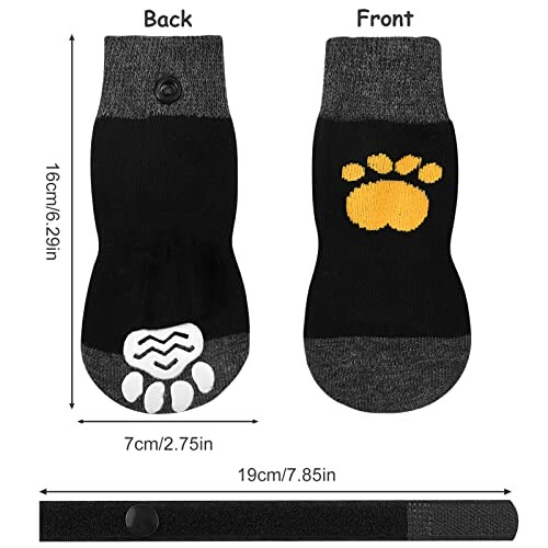 Non-slip dog socks with paw prints and dimensions.