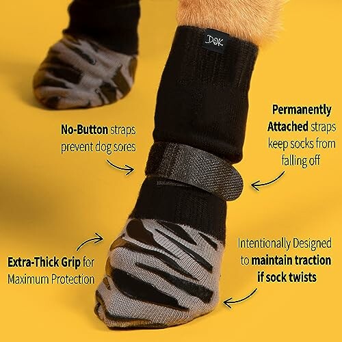 Dog wearing socks with no-button straps and extra-thick grip for protection