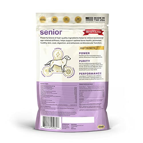 Back view of a senior dog supplement package with product details.