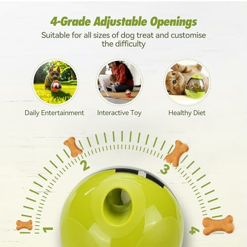 Dog toy with 4-grade adjustable openings for treats; promotes daily entertainment, interactive play, and a healthy diet.