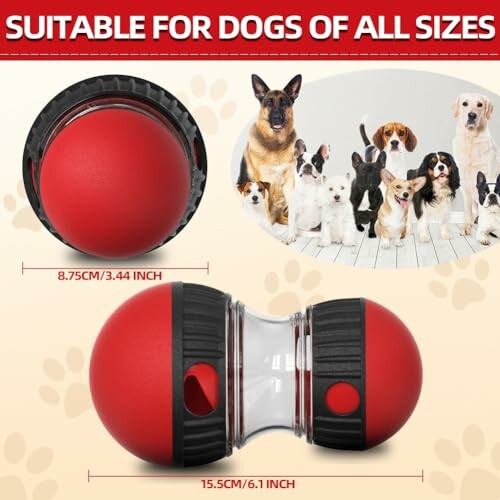 Dog toy ball with size dimensions for dogs of all sizes.