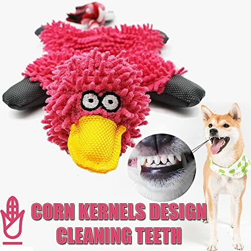 Dog toy with corn kernels design for cleaning teeth, featuring a pink and yellow plush toy.