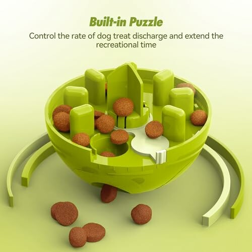 Green interactive dog puzzle toy with treats.