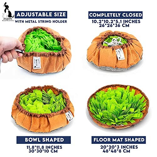 Adjustable pet snuffle mat with different shapes and sizes.