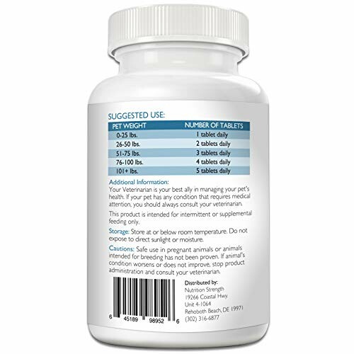 Back label of a pet supplement bottle showing dosage instructions based on pet weight.