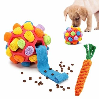 Puppy playing with colorful interactive toy and rope carrot.