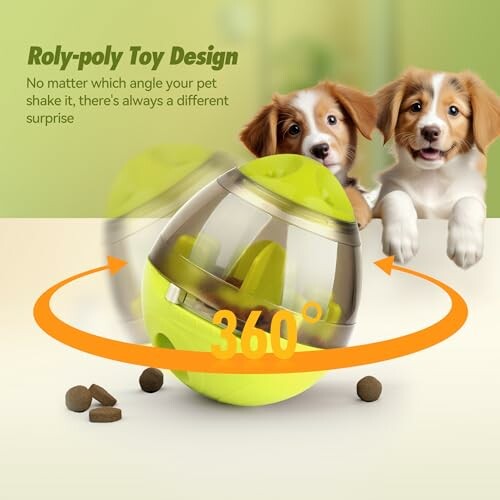 Two puppies with a green roly-poly pet toy.