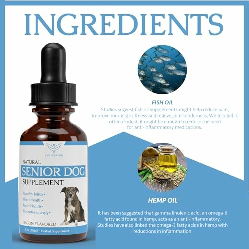 Senior dog supplement with fish and hemp oil benefits.