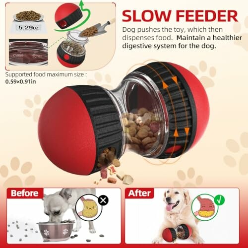 Dog slow feeder toy with red and black design, showing before and after use.