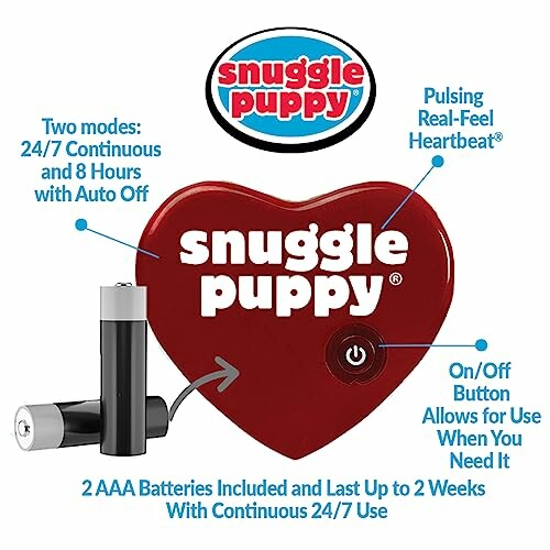 Snuggle Puppy toy with features highlighted, including pulsing heartbeat and two modes.