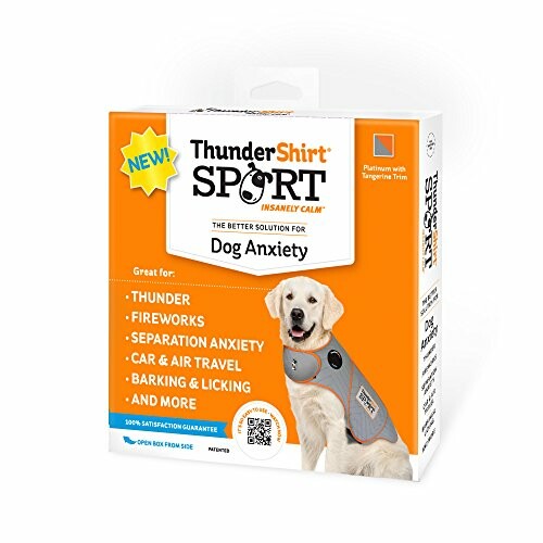 Thundershirt packaging for dog anxiety relief, featuring a happy dog wearing the product.