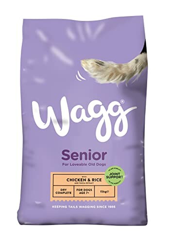 Wagg Senior dog food packaging with chicken and rice, joint support.