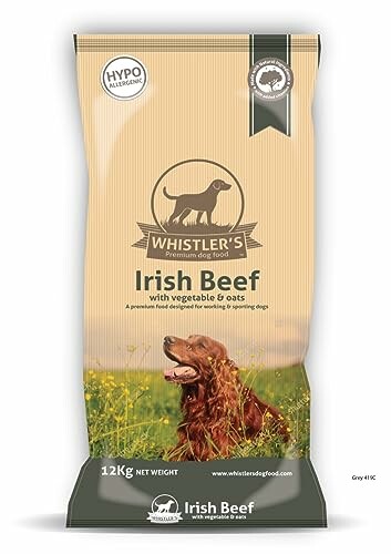 Whistler's premium dog food packaging with Irish beef flavor.