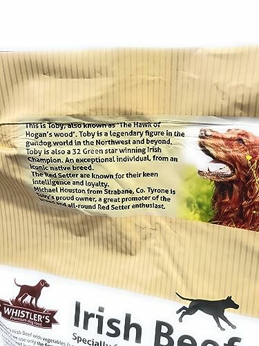 Whistler's Irish Beef dog food packaging featuring a red setter image and product description.