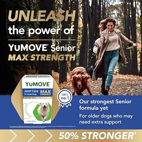 Woman walking a dog in a forest with Yumove Senior Max Strength supplement packaging.